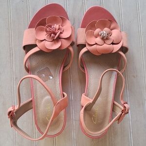 Clarks Artisan Parram Stella Comfort Sandals Floral Detail Strap Short Wedges